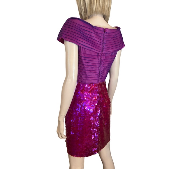 SHO by Tadashi Shoji Cocktail Dress Hot Pink Sequins Off Shoulder Sheath Party - Picture 7 of 16